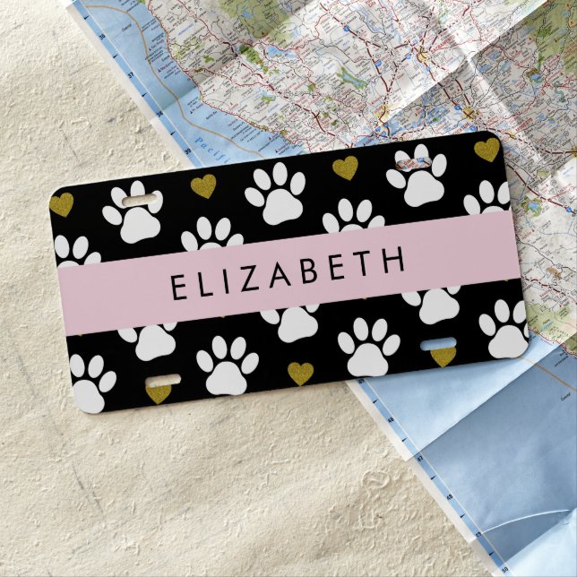 Dog Paws, White Paws, Gold Hearts, Your Name License Plate (In Situ)