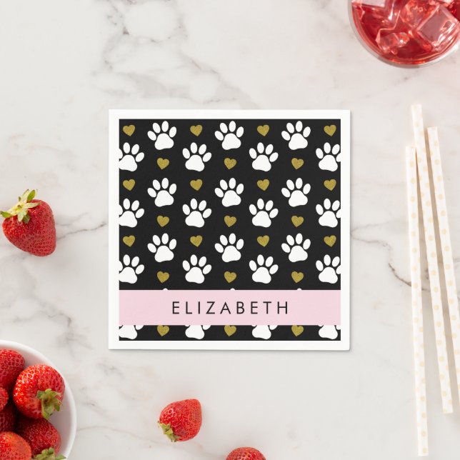 Dog Paws, White Paws, Gold Hearts, Your Name Napkins (Insitu)
