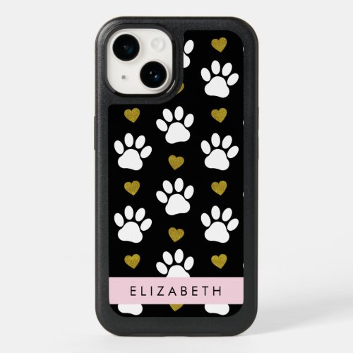 Dog Paws White Paws Gold Hearts Your Name OtterBox iPhone 14 Case