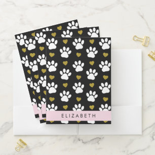 Dog Paws, White Paws, Gold Hearts, Your Name Pocket Folder
