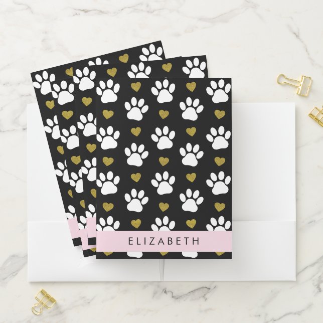 Dog Paws, White Paws, Gold Hearts, Your Name Pocket Folder (In Situ)