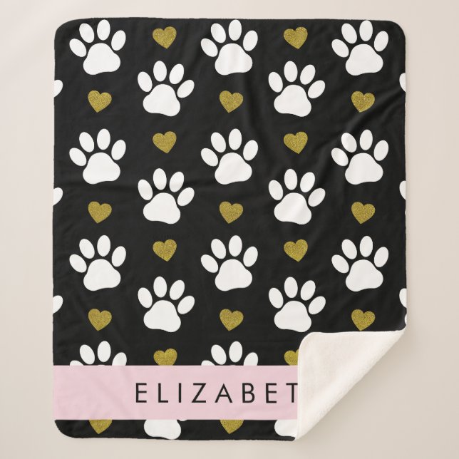 Dog Paws, White Paws, Gold Hearts, Your Name Sherpa Blanket (Front)