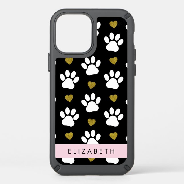 Dog Paws, White Paws, Gold Hearts, Your Name Speck iPhone 12 Case (Front)