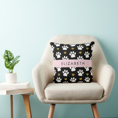 Dog Paws White Paws Gold Hearts Your Name Throw Pillow