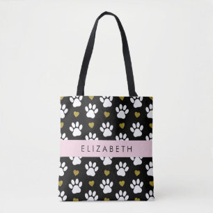 Dog Paws, White Paws, Gold Hearts, Your Name Tote Bag