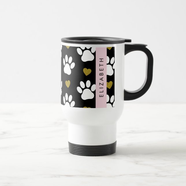 Dog Paws, White Paws, Gold Hearts, Your Name Travel Mug (Right)