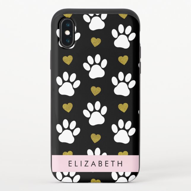 Dog Paws, White Paws, Gold Hearts, Your Name Uncommon iPhone Case (Back)