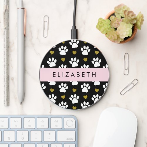 Dog Paws White Paws Gold Hearts Your Name Wireless Charger