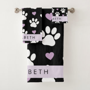 Dog Paws, White Paws, Lilac Hearts, Your Name Bath Towel Set