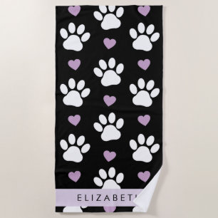 Dog Paws, White Paws, Lilac Hearts, Your Name Beach Towel