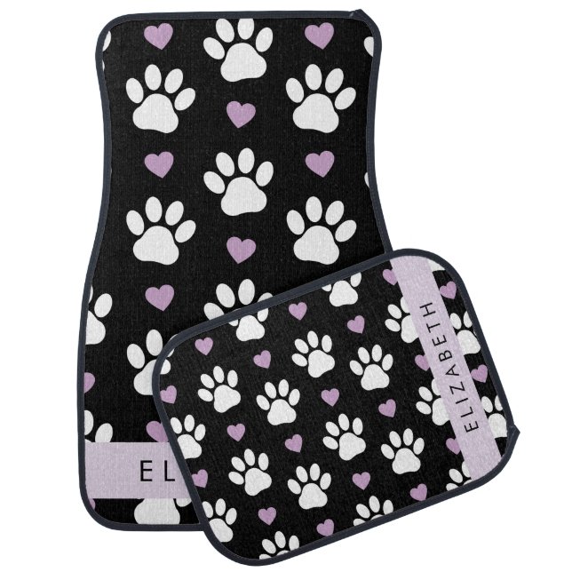 Dog Paws, White Paws, Lilac Hearts, Your Name Car Floor Mat (Set)