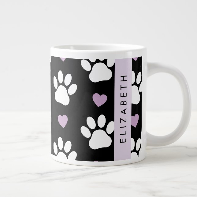 Dog Paws, White Paws, Lilac Hearts, Your Name Giant Coffee Mug (Right)