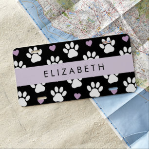 Dog Paws, White Paws, Lilac Hearts, Your Name License Plate
