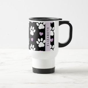 Dog Paws, White Paws, Lilac Hearts, Your Name Travel Mug