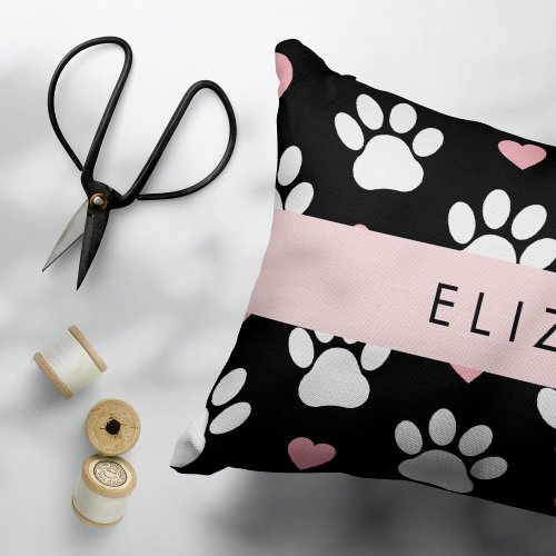 Dog Paws White Paws Pink Hearts Your Name Accent Pillow