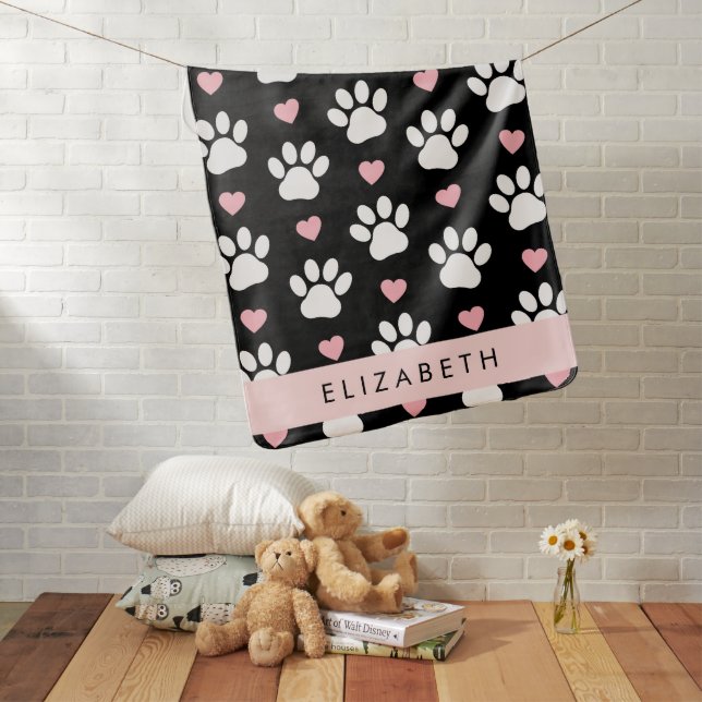Dog Paws, White Paws, Pink Hearts, Your Name Baby Blanket (In Situ)