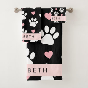 Dog Paws, White Paws, Pink Hearts, Your Name Bath Towel Set