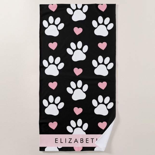 Dog Paws, White Paws, Pink Hearts, Your Name Beach Towel (Front)