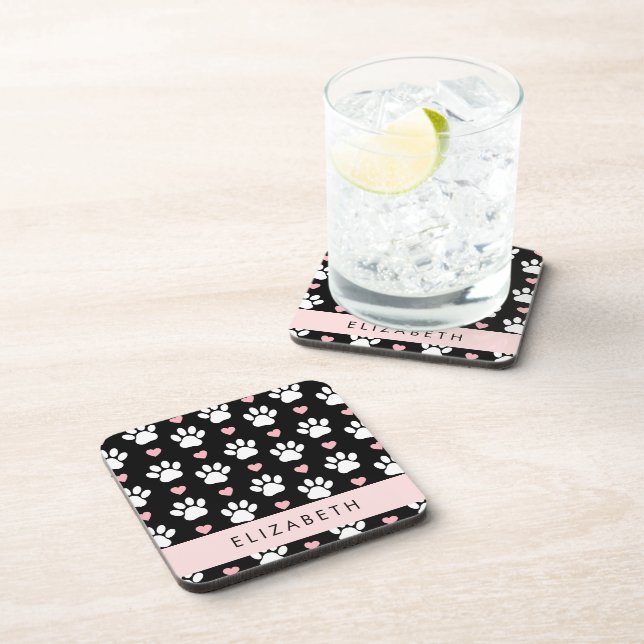 Dog Paws, White Paws, Pink Hearts, Your Name Beverage Coaster (Right Side)