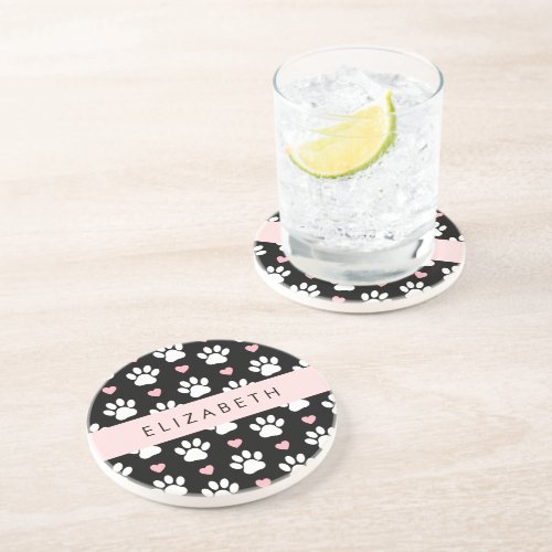 Dog Paws White Paws Pink Hearts Your Name Coaster