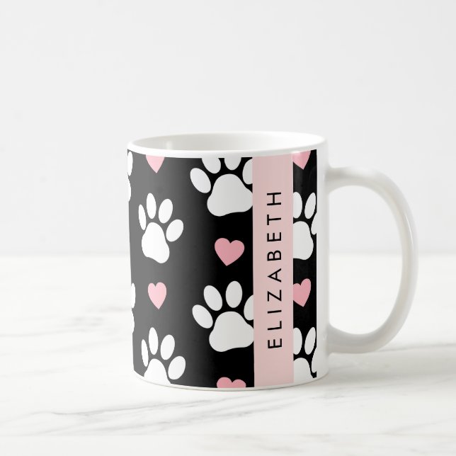 Dog Paws, White Paws, Pink Hearts, Your Name Coffee Mug (Right)