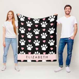 Dog Paws, White Paws, Pink Hearts, Your Name Fleece Blanket