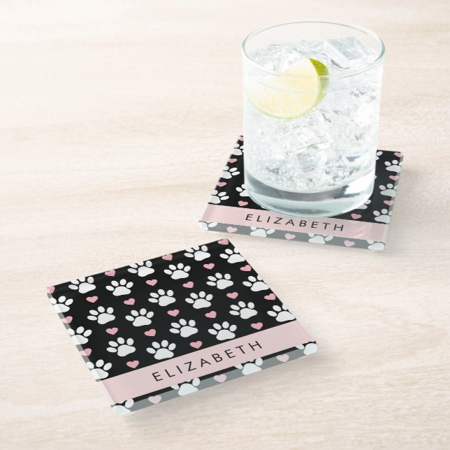 Dog Paws, White Paws, Pink Hearts, Your Name Glass Coaster (Angled)