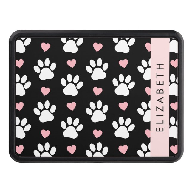 Dog Paws, White Paws, Pink Hearts, Your Name Hitch Cover (Front)