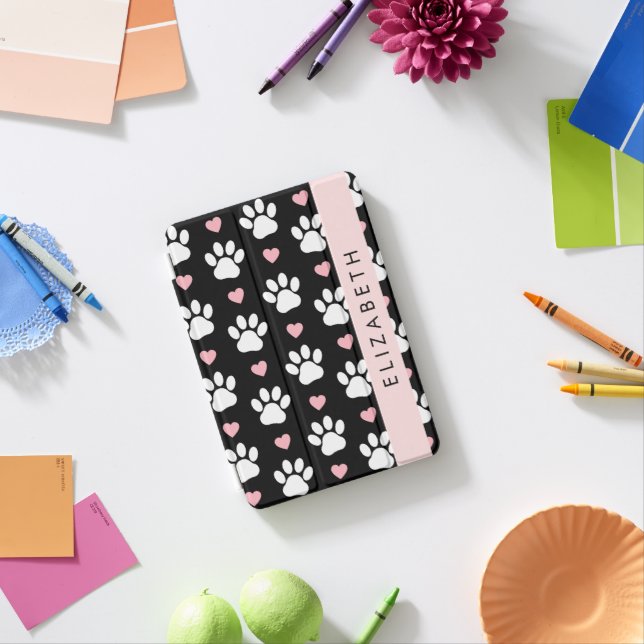 Dog Paws, White Paws, Pink Hearts, Your Name iPad Mini Cover (In Situ)
