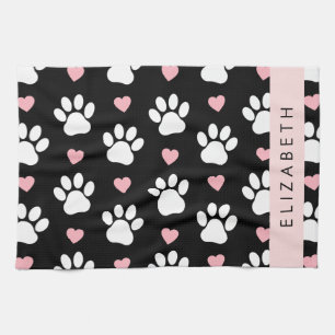 Dog Paws, White Paws, Pink Hearts, Your Name Kitchen Towel