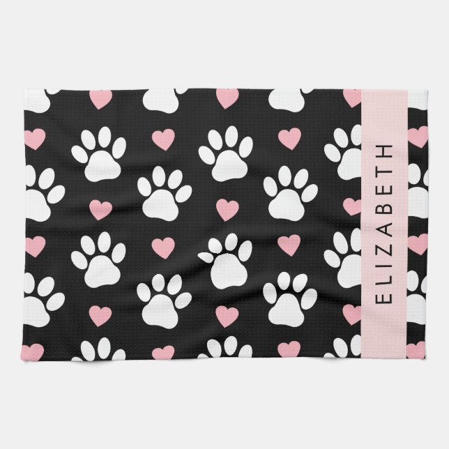 Dog Paws, White Paws, Pink Hearts, Your Name Kitchen Towel (Horizontal)