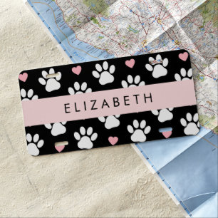 Dog Paws, White Paws, Pink Hearts, Your Name License Plate