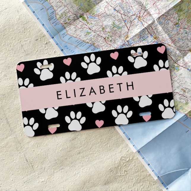 Dog Paws, White Paws, Pink Hearts, Your Name License Plate (In Situ)
