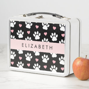 Dog Paws, White Paws, Pink Hearts, Your Name Metal Lunch Box