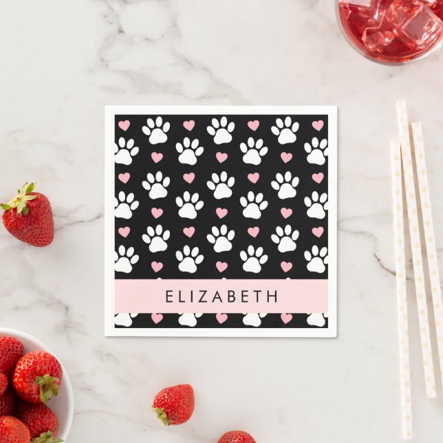 Dog Paws, White Paws, Pink Hearts, Your Name Napkins (Insitu)