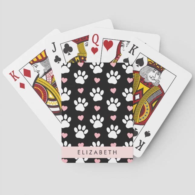 Dog Paws, White Paws, Pink Hearts, Your Name Poker Cards (Back)
