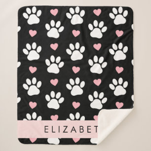 Dog Paws, White Paws, Pink Hearts, Your Name Sherpa Blanket