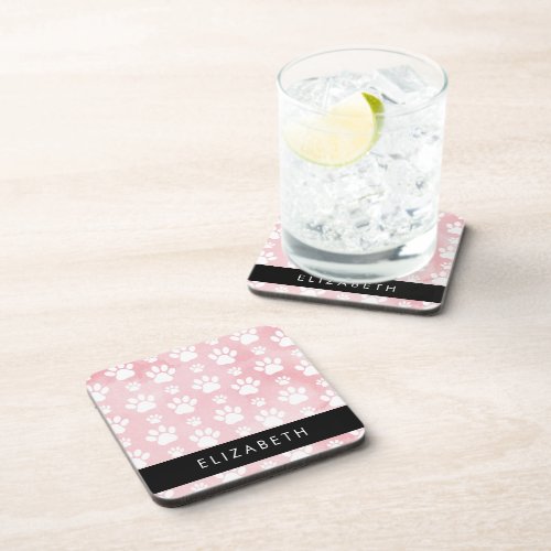 Dog Paws White Paws Pink Watercolors Your Name Beverage Coaster