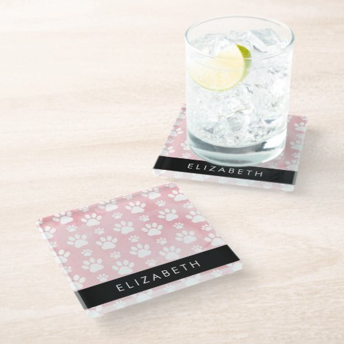Dog Paws White Paws Pink Watercolors Your Name Glass Coaster