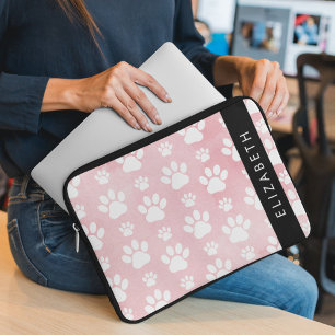 Dog Paws, White Paws, Pink Watercolors, Your Name Laptop Sleeve