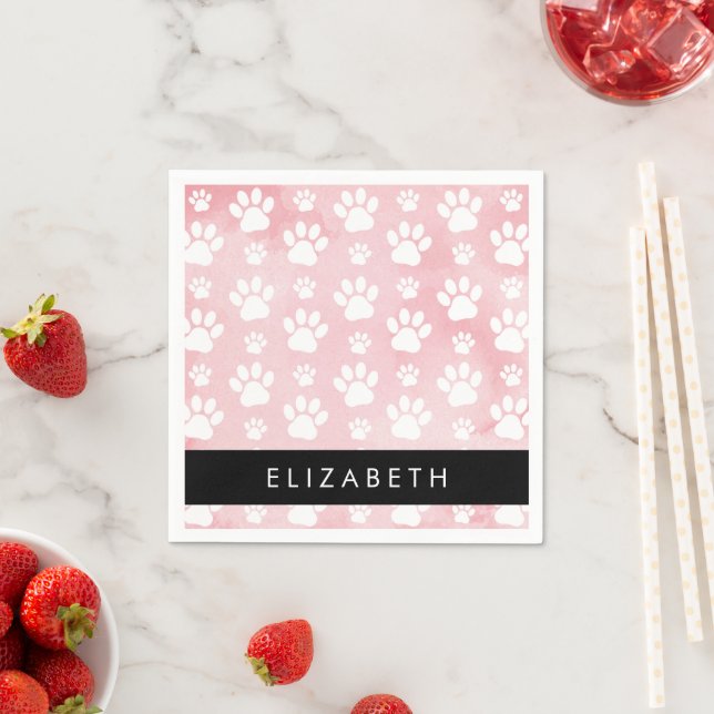 Dog Paws, White Paws, Pink Watercolors, Your Name Napkins (Insitu)