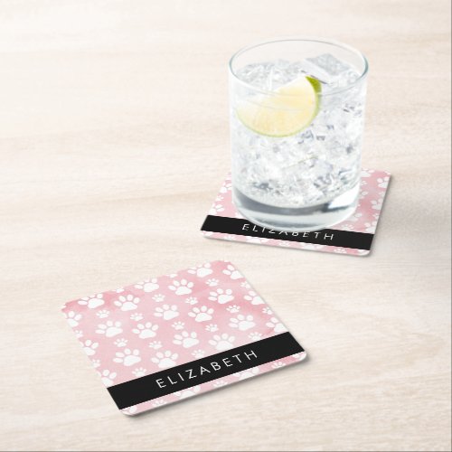 Dog Paws White Paws Pink Watercolors Your Name Square Paper Coaster