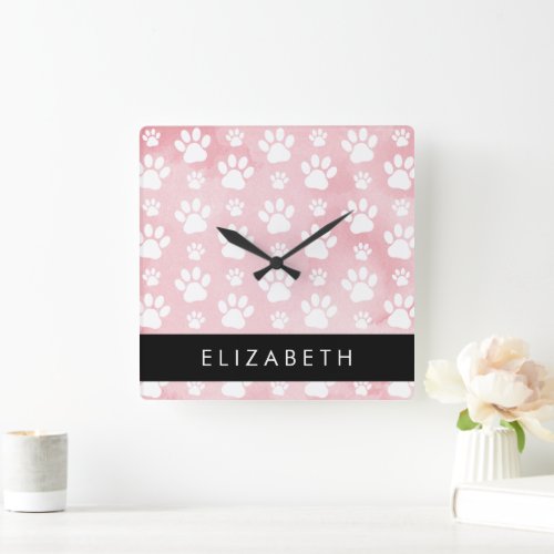 Dog Paws White Paws Pink Watercolors Your Name Square Wall Clock