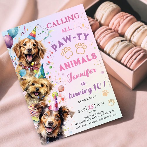 Dog Pawty Birthday Party Girl 10th Birthday Invitation