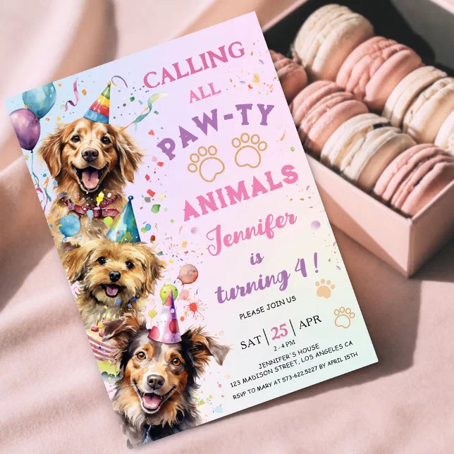 Dog Pawty Birthday Party Girl 4th Birthday Invitation | Zazzle