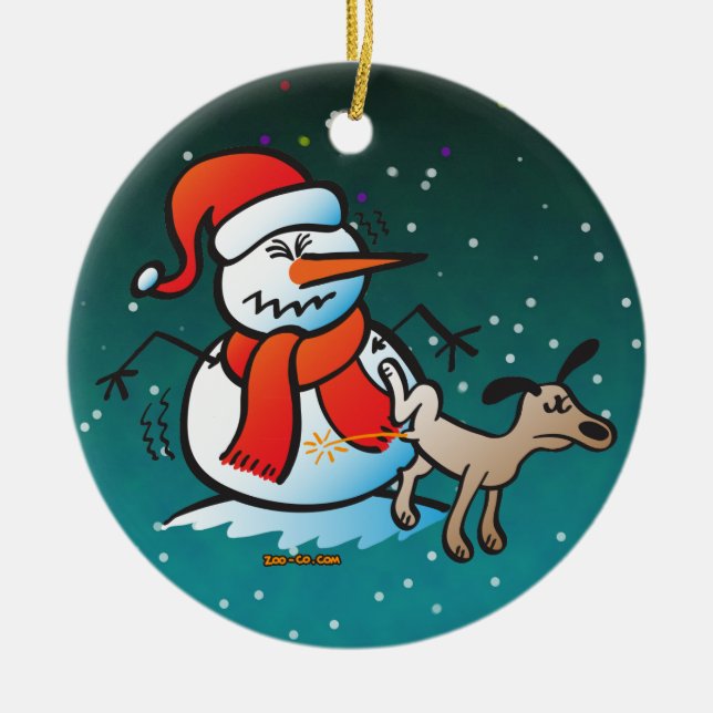 Dog Peeing on a Snowman! Ceramic Ornament (Front)