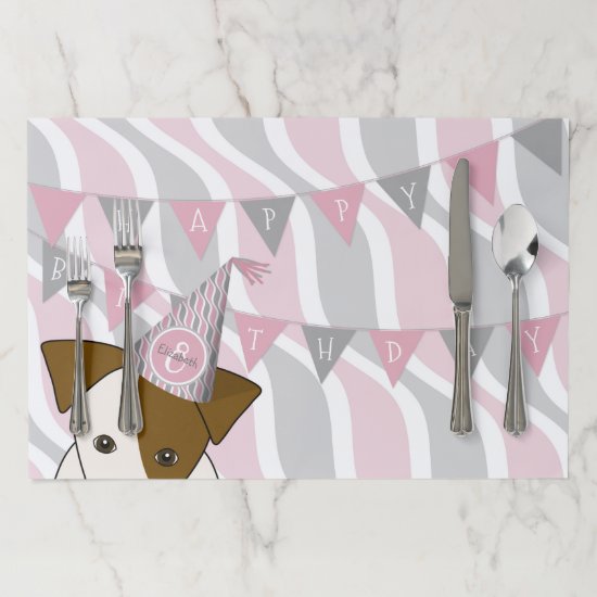 dog peeking at you girls birthday party pink gray paper placemat