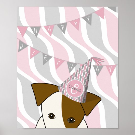 dog peeking at you wearing birthday hat girls pink poster