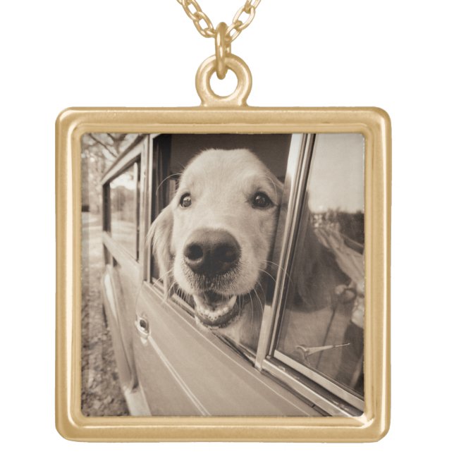 Dog Peeking Out a Car Window Gold Plated Necklace (Front)