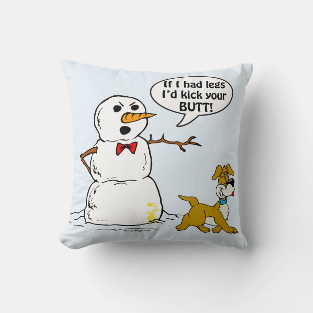 Dog Pees on Snowman Cartoon Throw Pillow (Front)